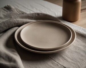Clean matte ceramic plate in soft beige with embossed rim texture, placed on natural linen cloth with wooden cutlery