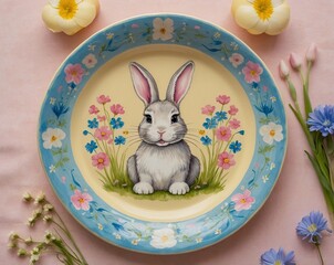 Decorative Easter plate with hand-painted bunny and egg illustrations in pastel pink and blue, set on yellow tablecloth with spring flowers