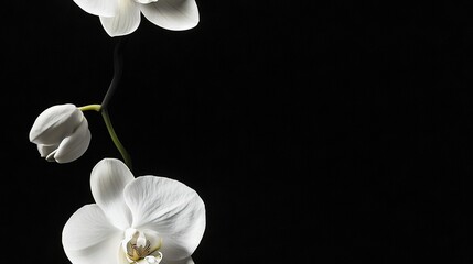   A vase with a single white flower sits atop a black table, accompanied by two additional white blossoms