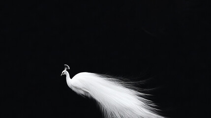   Black and white image of a white bird with feathers in its tail against a black backdrop
