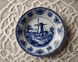 Top-down view of traditional Dutch Delftware plate with blue windmill and floral designs on white glazed base