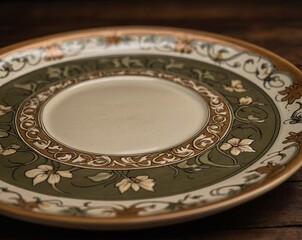 Art Nouveau inspired ceramic plate with floral designs and organic lines on dark wood surface
