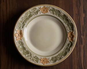 Art Nouveau inspired ceramic plate with floral designs and organic lines on dark wood surface