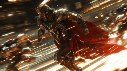 Hermes dashing through robot forces at lightning speed, motion blur, sleek divine armor, futuristic clash