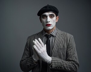 Mime artist in black beret and striped shirt performing invisible box pose against a grey wall