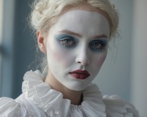 Pierrot clown with pale face, single teardrop makeup, and soft ruffled collar in minimalistic white costume, natural daylight