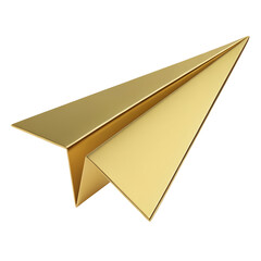 A golden paper airplane in flight represents success travel and adventure This 3D rendered image is perfect for concepts related to journey speed and achievement