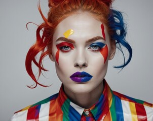 Fashion-inspired clown with minimal white makeup and avant-garde clothing in a studio with colored gels