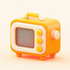 A cute, retro-style toy television in bright yellow and white colors, isolated on a light background.