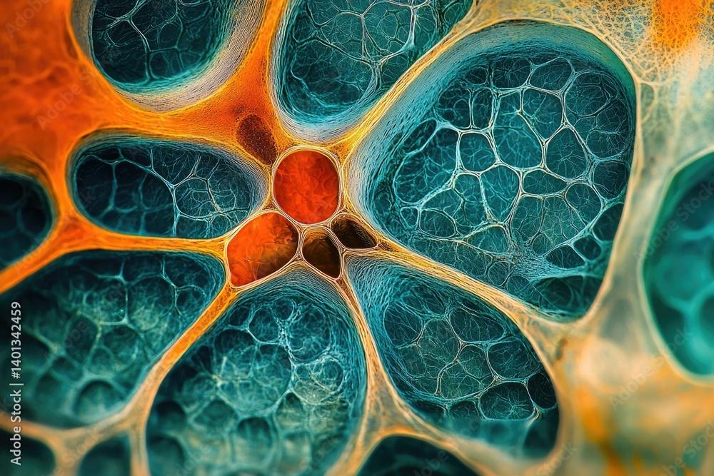 Poster abstract microscopic image showcasing intricate network of teal and orange cells, resembling a compl