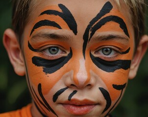 6-year-old boy with tiger face painting, bright and cheerful expression outdoors