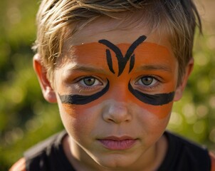 6-year-old boy with tiger face painting, bright and cheerful expression outdoors