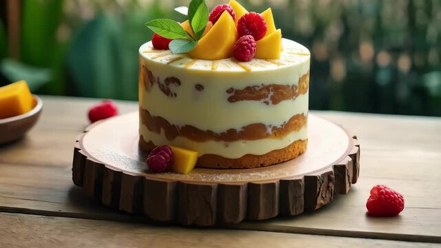 Delicious layered fruit cake topped with mango, raspberries, and mint on a wooden plate