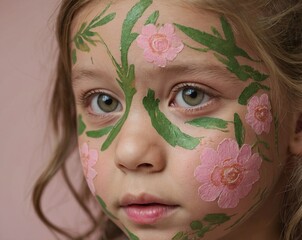 Close-up of 5-year-old girl with intricate floral face painting, soft expression