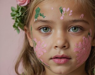 Close-up of 5-year-old girl with intricate floral face painting, soft expression