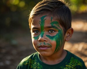 6-year-old boy with green dragon face paint, playful roar, rich green and fire details
