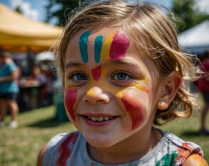 Young child with colorful abstract face paint at summer outdoor fair