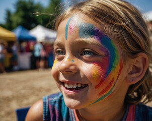 Young child with colorful abstract face paint at summer outdoor fair