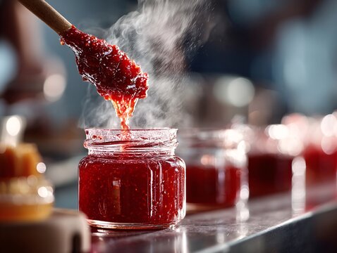 Homemade strawberry jam being prepared in a warm kitchen with steam rising from the pot and fresh jars on display