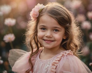 5-year-old girl in soft pink fairy costume with tulle dress and magic wand, smiling in a garden