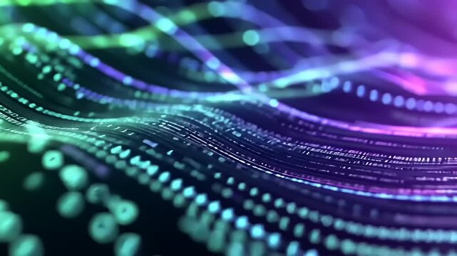 Abstract flowing neon lights wave with a binary digital stream, colorful, futuristic and engaging