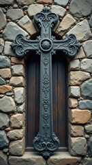 A Christian cross symbol attached to an ornate metalwork above a door on a brick wall.