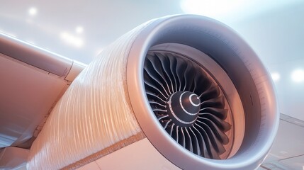 Huge turbofan engine of modern passenger airplane receiving maintenance
