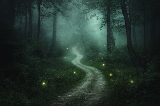Enchanted forest path with mystical glow and textured grain effect