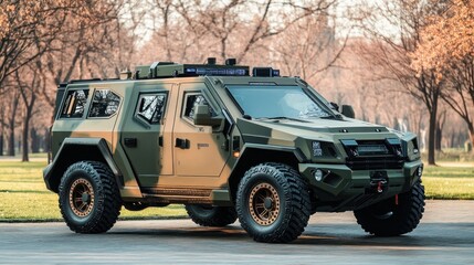 Powerful off road military vehicle parked in peaceful green area