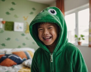 Laughing Asian boy in a green dinosaur onesie playing in a bright bedroom play area