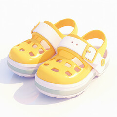 Bright yellow children's clogs featuring ventilation holes, perfect for summer adventures on a white isolated background.