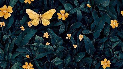   A butterfly rests atop a verdant foliage canopy, surrounded by an abundance of yellow and green leaves