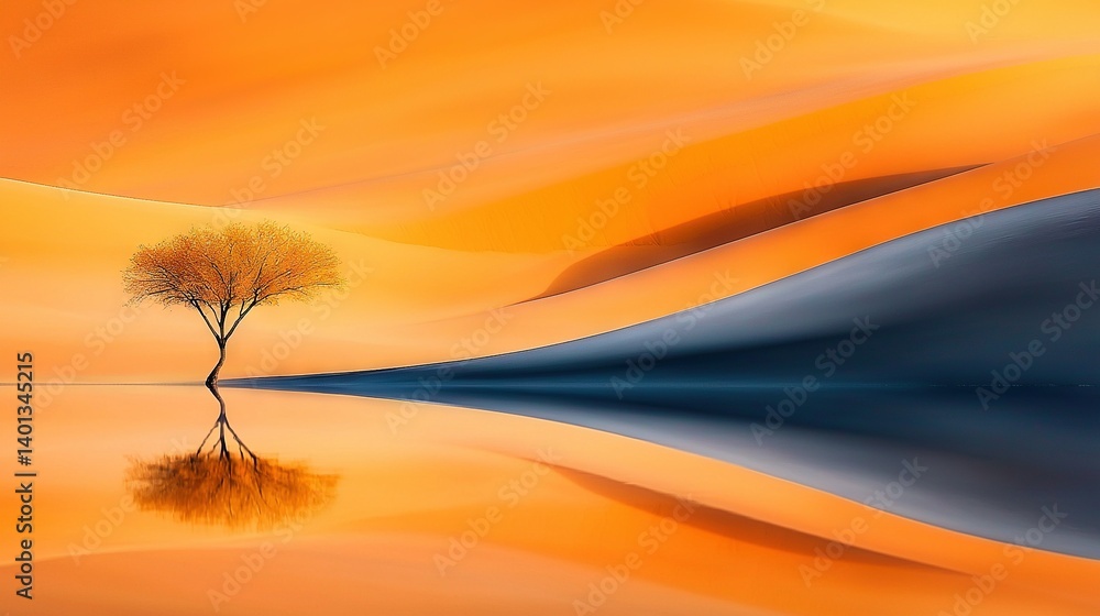 Wall mural a tree in a desert landscape with a lake in the foreground and a yellow sky in the background
