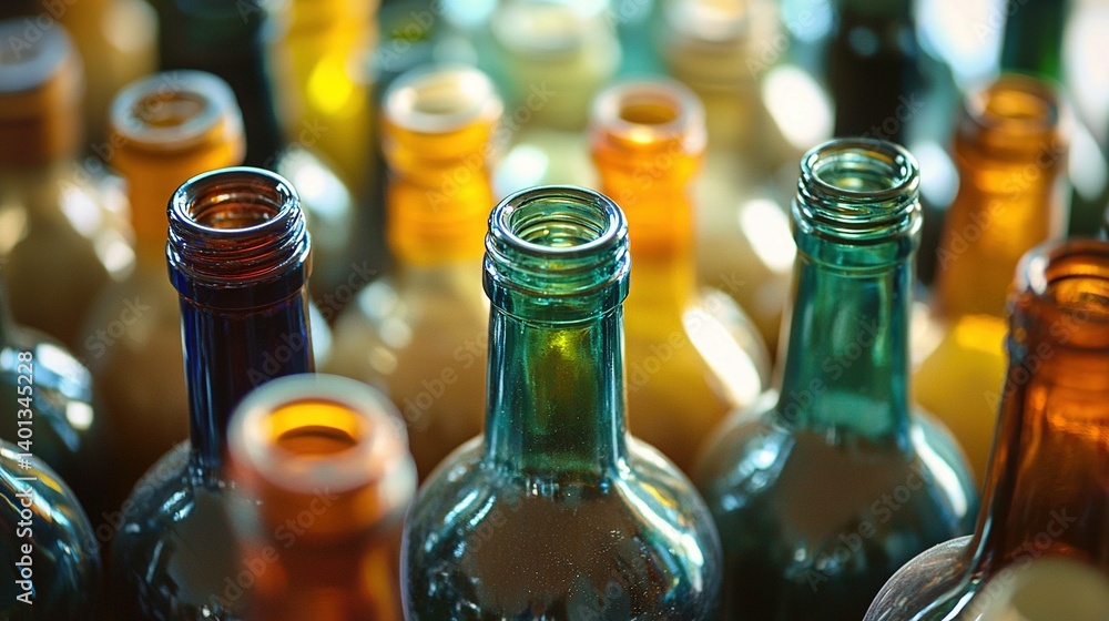 Poster close-up of various colorful glass bottles with an empty bottle in the center