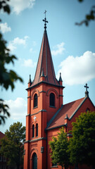 Obraz premium Red brick cathedral with pointed roof on sunny day.