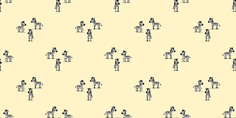 seamless pattern with cheerful drawn black and white zebras in different poses on a yellow background