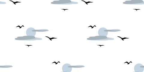 seamless pattern with sun and clouds in blue tones and bird silhouettes on a white background