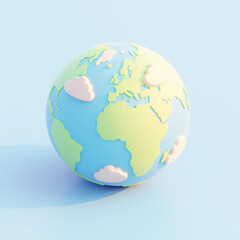 Fototapeta premium Colorful 3D globe with clouds, representing Earth's diverse landscapes and ecosystems, set against a soft background.