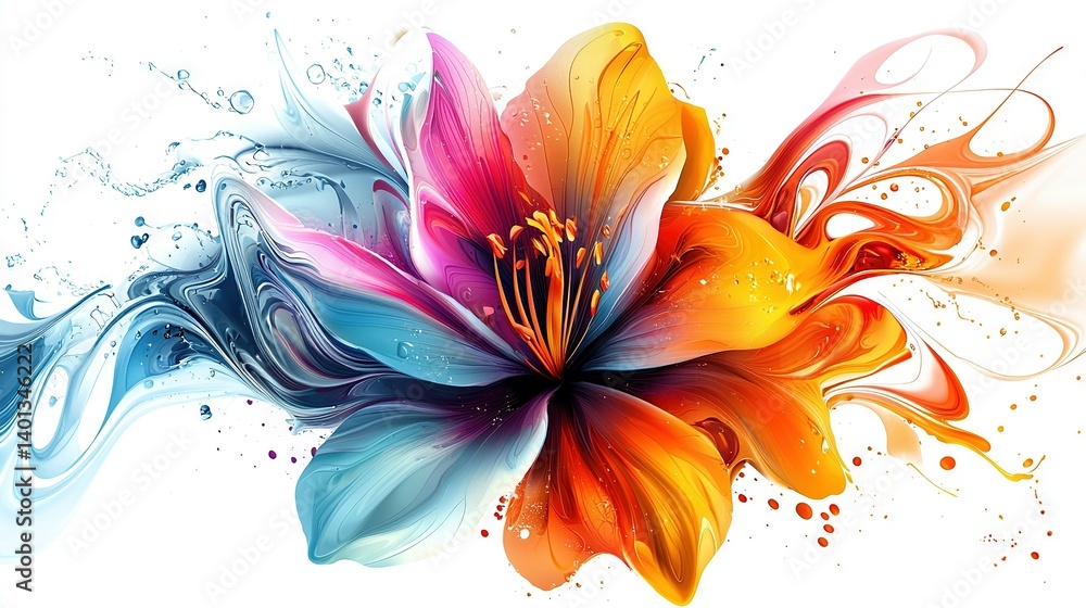 Poster a vibrant blossom on a pristine canvas with a droplet of water at its base and another splash beneat