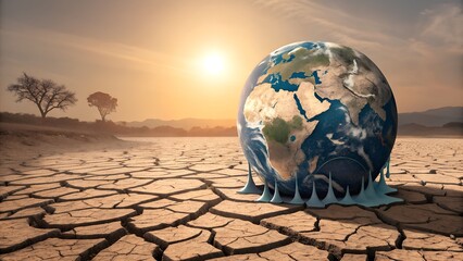 Abstract global warming concept with melting Earth, dry land, and rising sun, vector or digital art, impactful environmental poster design
