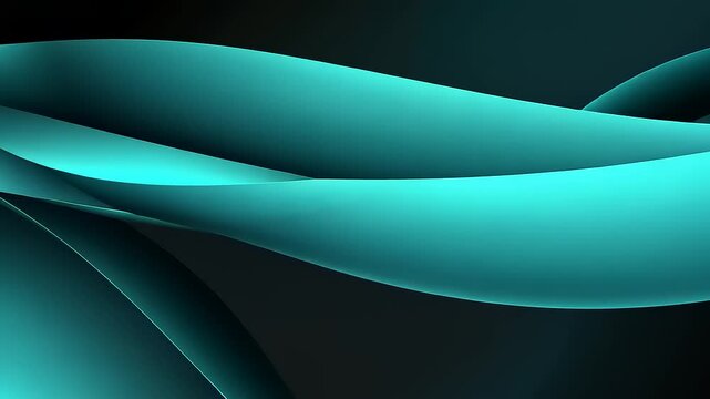 Curved, layered, and gradiented cyan shapes form an abstract design against a dark background