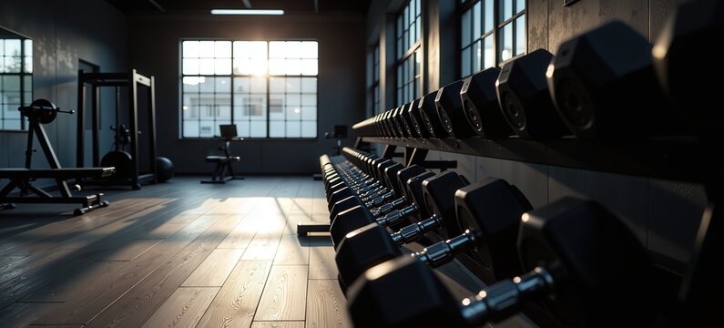 Sunlit gym interior with rows of dumbbells on rack. Perfect for fitness, health, and wellness themes.