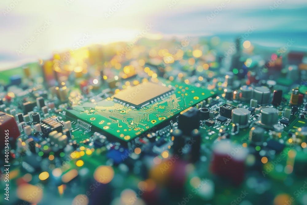 Aufkleber close-up of a circuit board with a central processor, showcasing intricate electronic components.