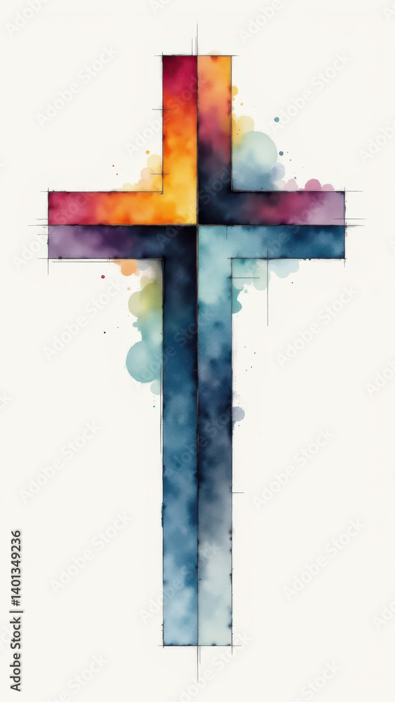 Poster a colorful digital artwork featuring a christian cross with abstract brush strokes around it.