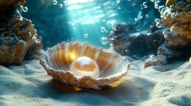 A luminous pearl nestled in an open shell on the ocean floor, surrounded by bubbles and illuminated by soft, underwater light.