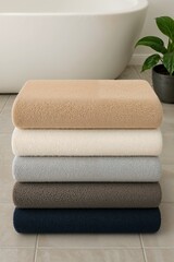 Neatly stacked soft towels in neutral colors on a bathroom floor with a plant in the background