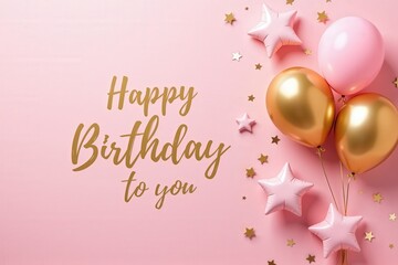 Pink and gold balloons with Happy Birthday message. Perfect for birthday cards or party invitations.