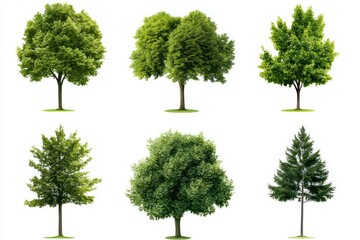 Obraz premium A set of green trees isolated on a white background, perfect for landscape and architectural designs with botanical elements.