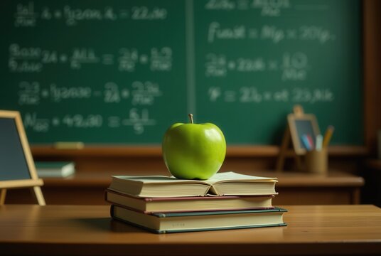 Green apple on a stack of books in a classroom setting.