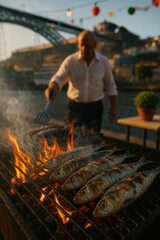Portuguese Feast: Festive Atmosphere of a Sardine Festival with Grilled Sardines, Fresh Salad, and Olive Oil, Set Against the Picturesque Backdrop of Porto, Douro River, and Bridges. São João
